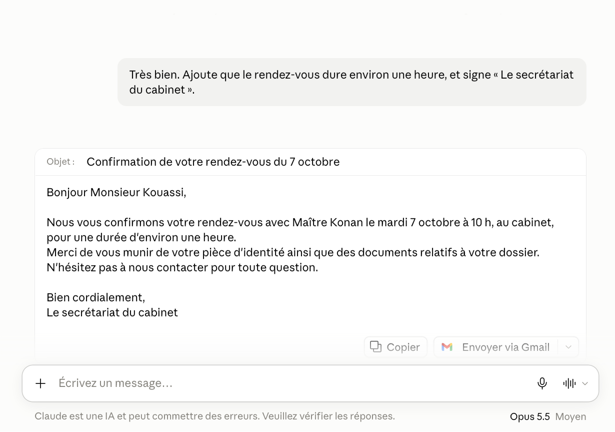 Une vraie conversation avec Claude : un courriel de confirmation de rendez-vous